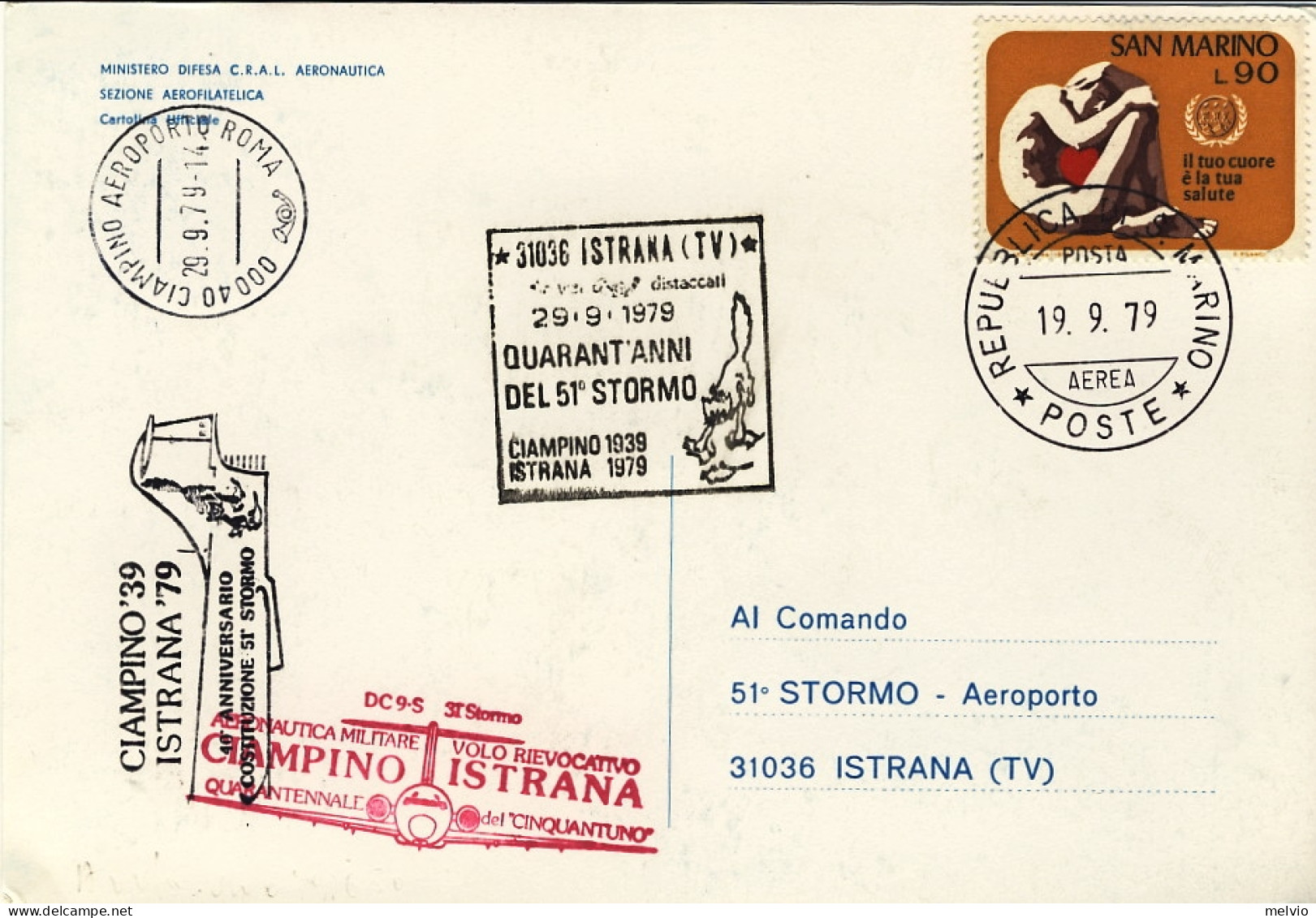1979-San Marino Cartolina Illustrata 40 Anni Costituzione Del 51 Stormo Volo Rie - Luchtpost
