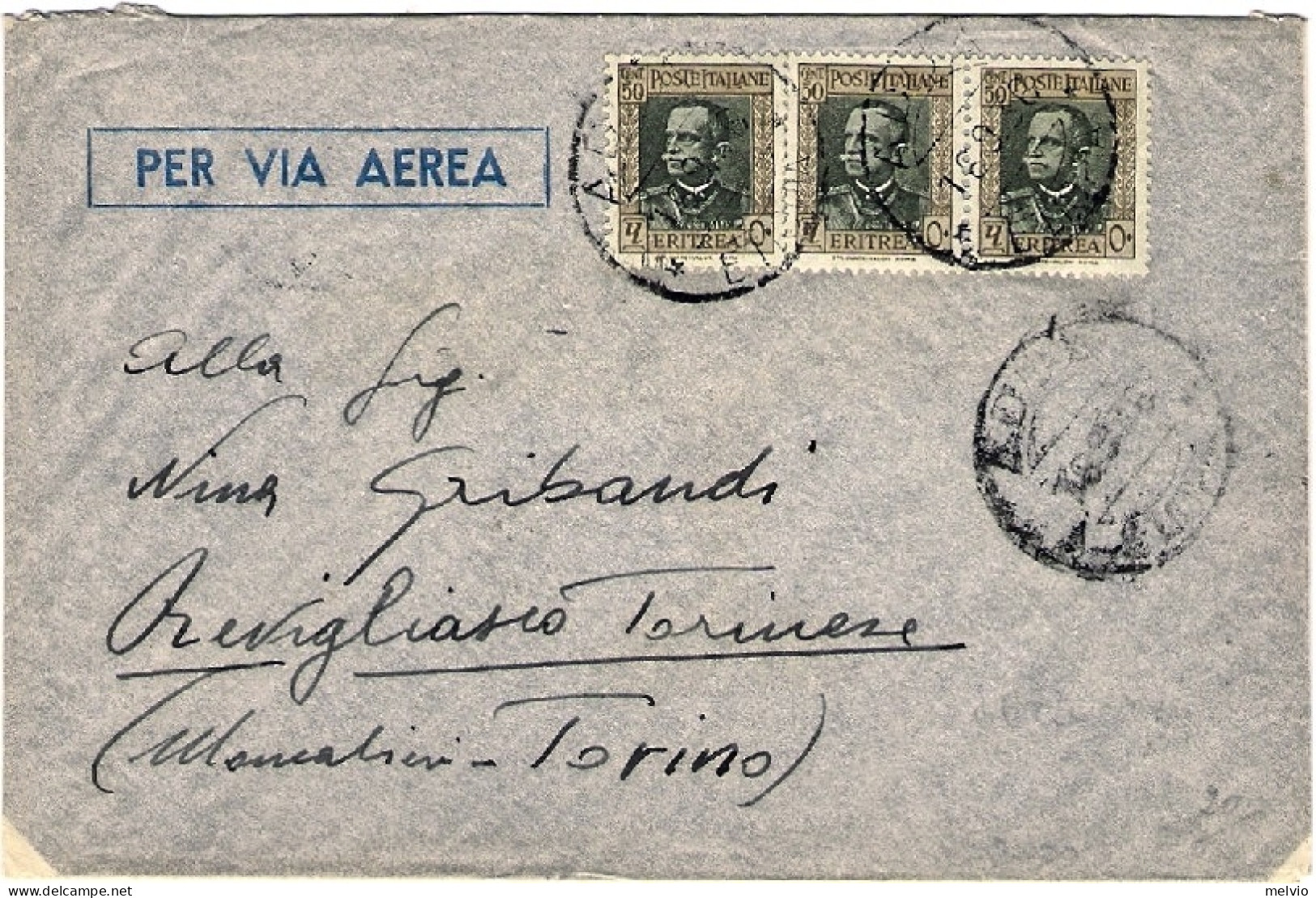 1936-Eritrea Busta Diretta In Italia Affrancata Striscia 50c. Vittorio Emanuele  - Eritrea