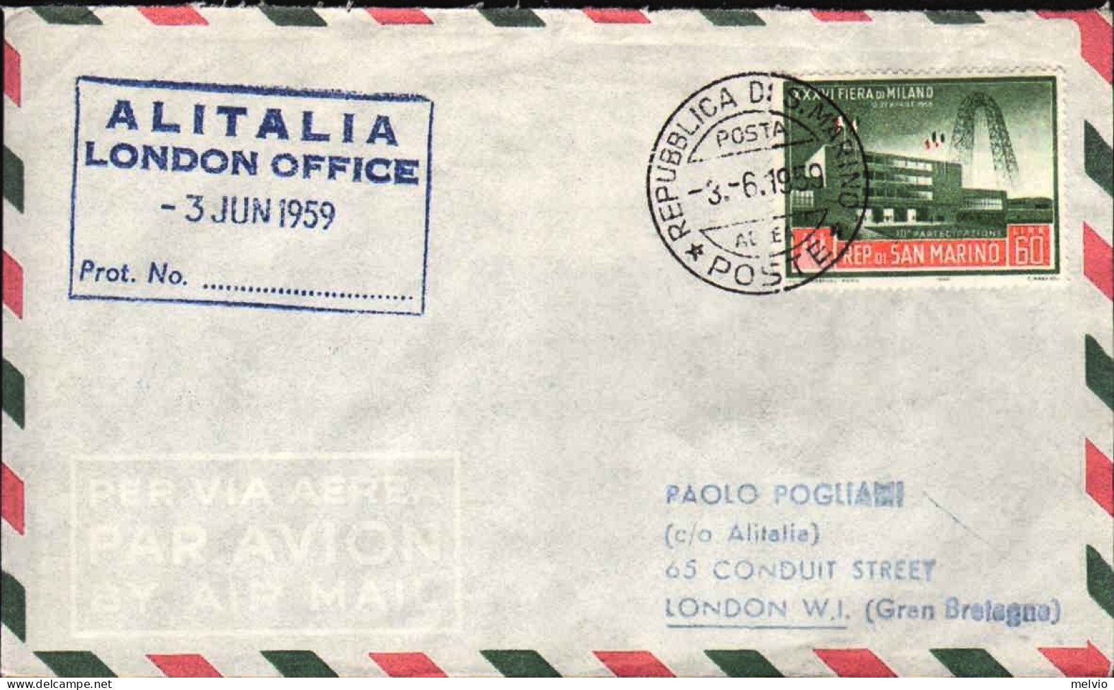 San Marino-1959 Affrancato L.60 XXXVI Fiera Di Milano,isolato,con Bollo Di Arriv - Poste Aérienne