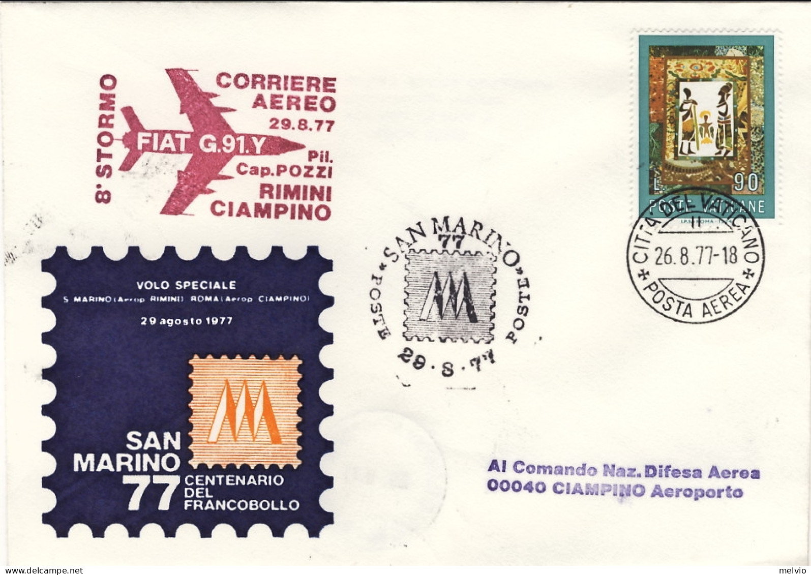 Vaticano-1977 Bollo Corriere Aereo 8 Stormo Fiat G.91 Y Pil.Cap.PozzI^volo Speci - Airmail