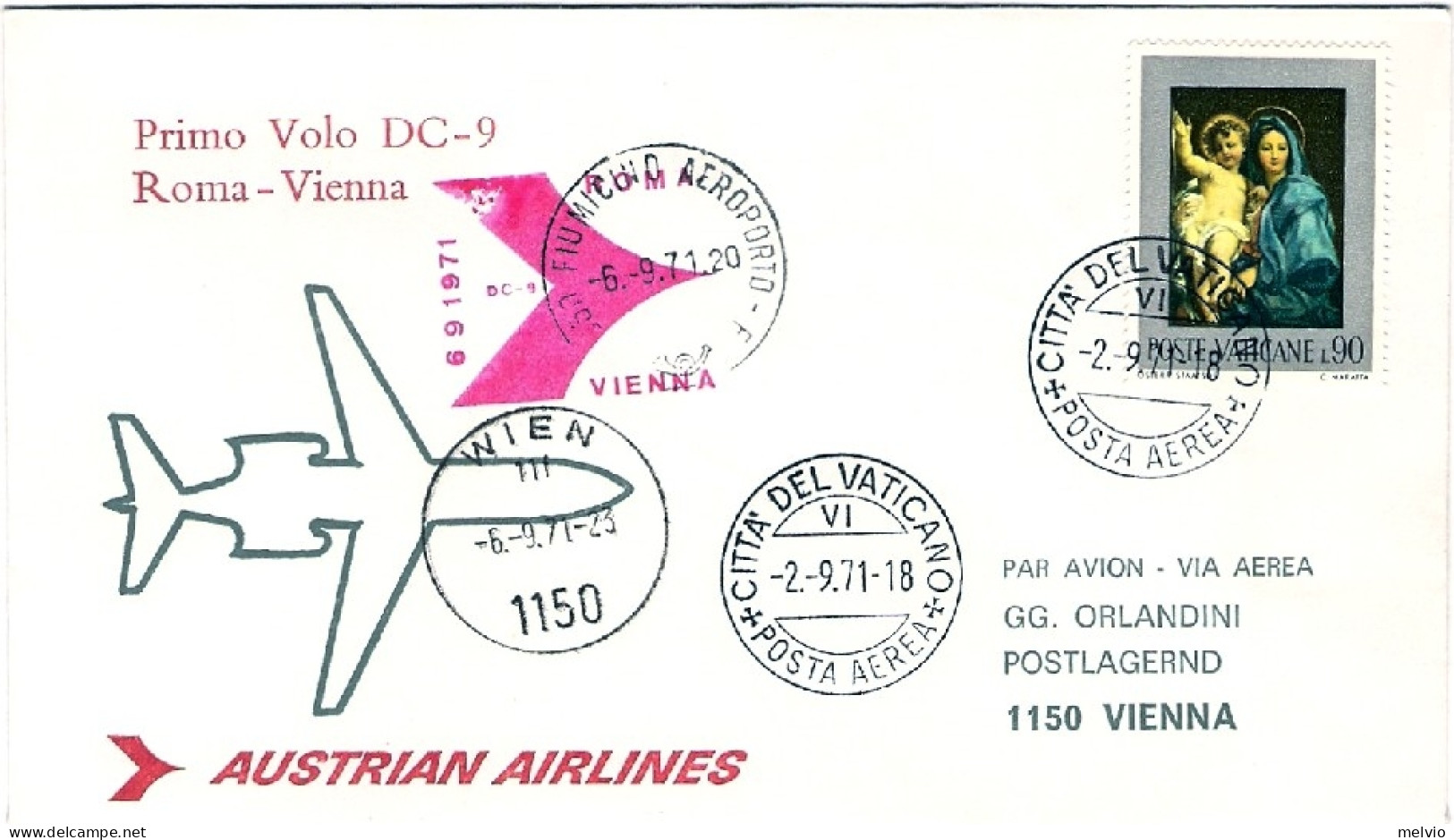 Vaticano-1971  Delle Linee Aeree Austriache I^volo DC 9 Roma-Vienna Del 6 Settem - Poste Aérienne