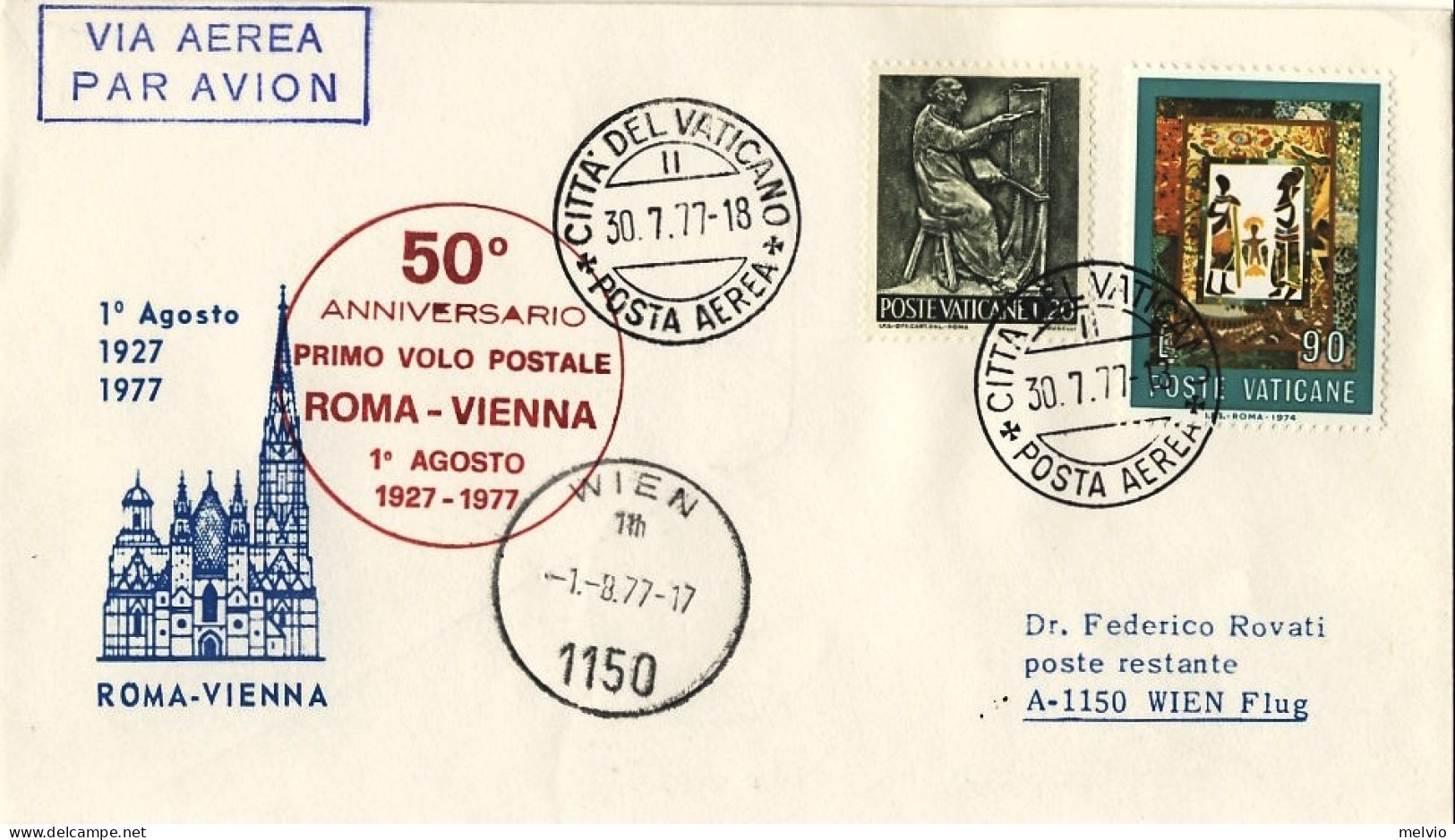 Vaticano-1977 50 Anniversario I^volo Postale Roma Vienna - Airmail