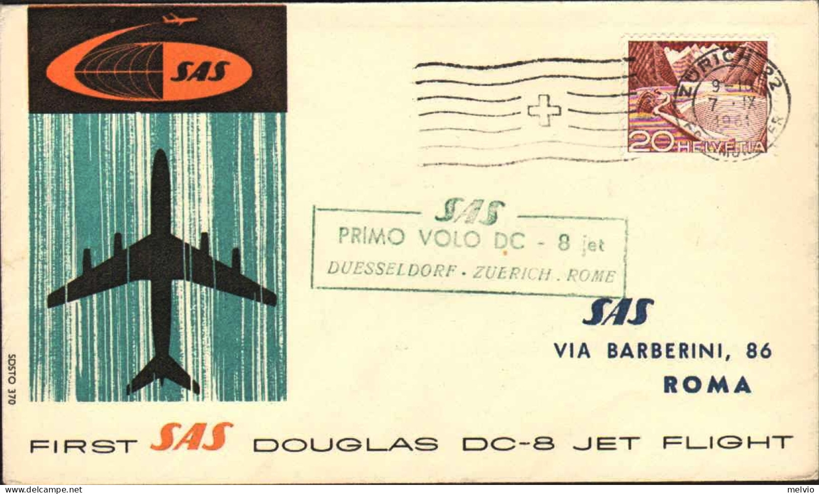 1961-Svizzera I^volo SAS DC8 Zurigo Roma Del 7 Settembre - Erst- U. Sonderflugbriefe