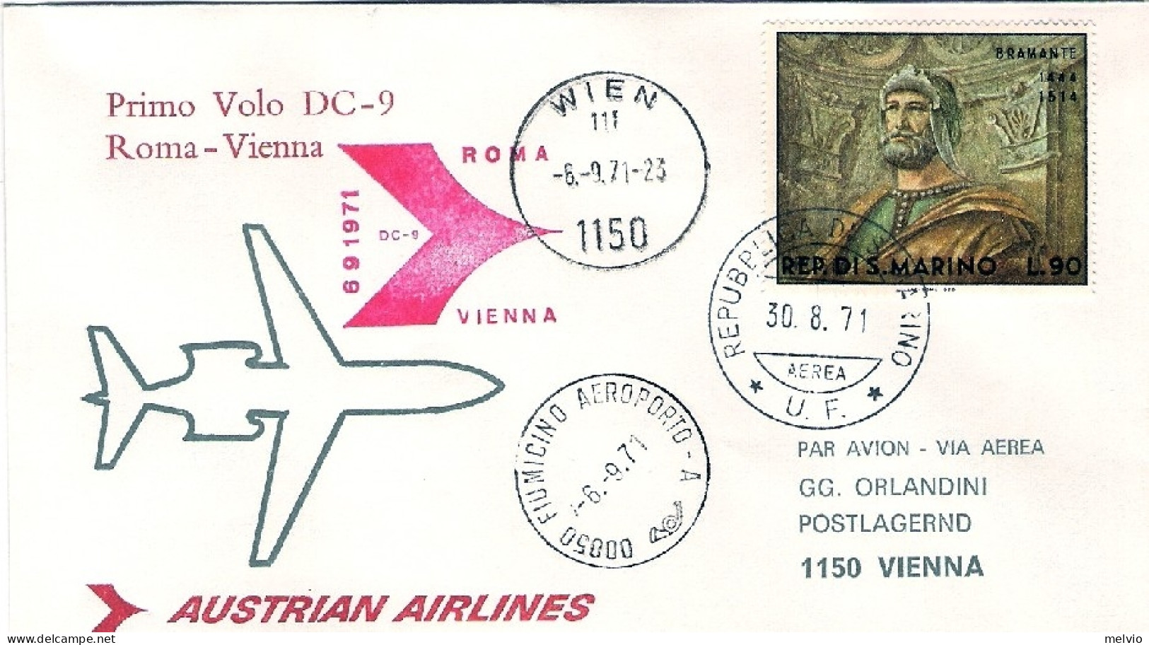 San Marino-1971 Delle Linee Aeree Austriache I^volo DC 9 Roma-Vienna Del 6 Sette - Poste Aérienne