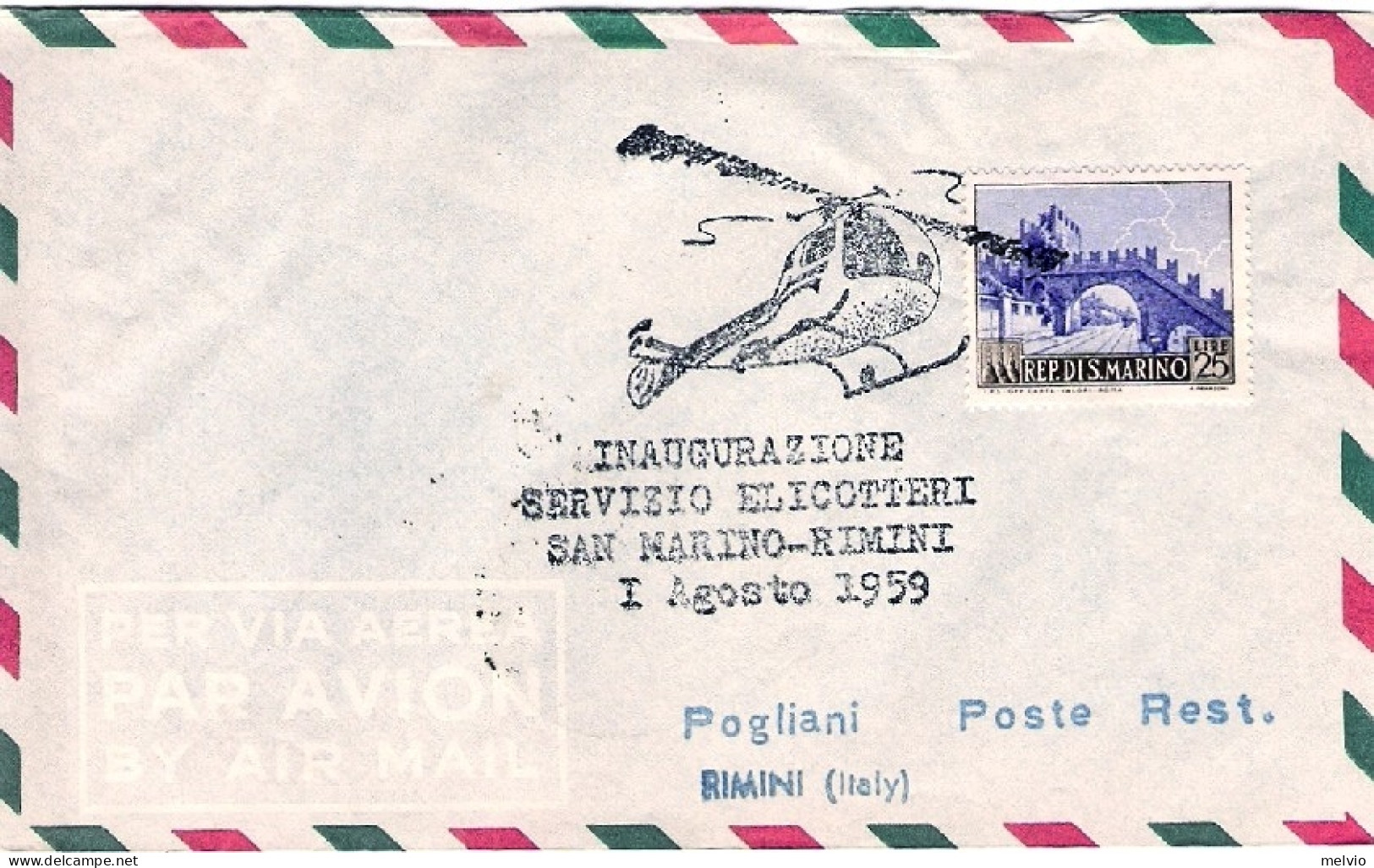 San Marino-1959 Bollo Inaugurazione Servizio Elicotteri San Marino-Rimini 1 Agos - Poste Aérienne
