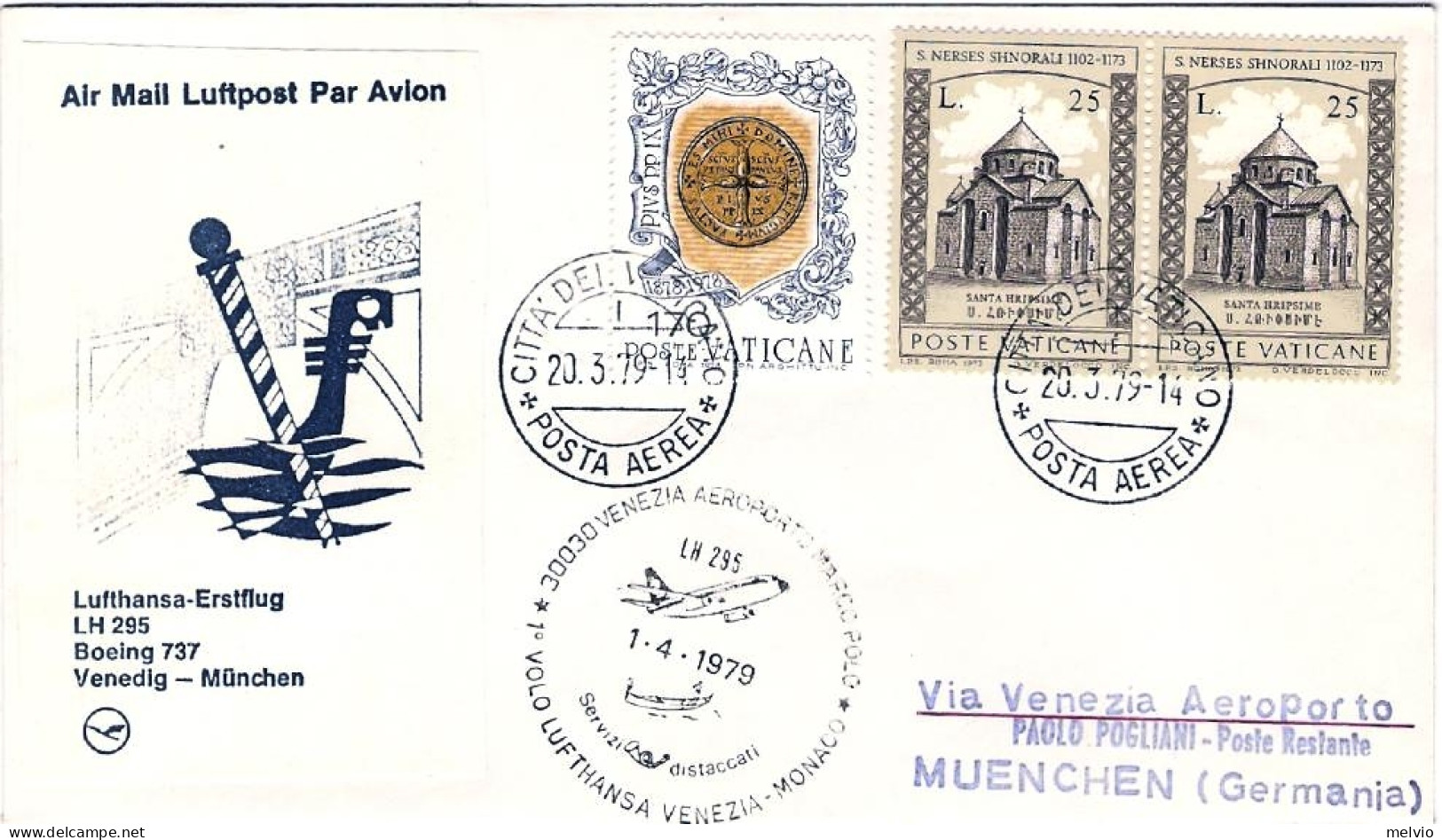 Vaticano-1979 Volo Lufthansa Percorso Venezia Monaco Del 1 Aprile - Poste Aérienne