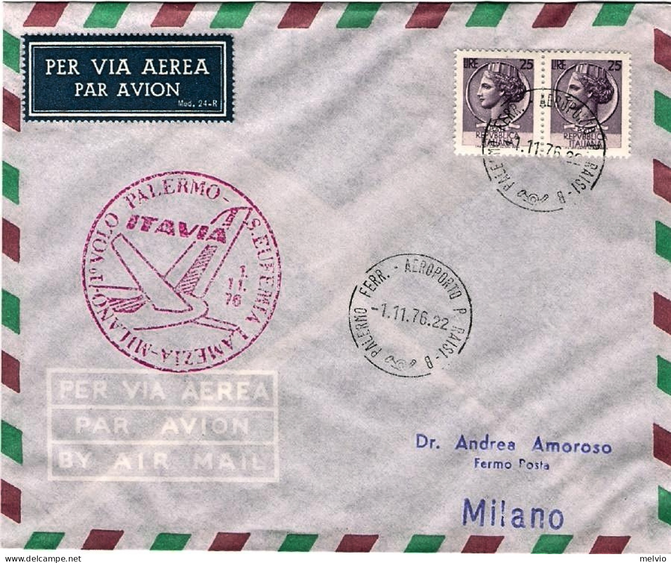 1976-percorso Palermo Milano Bollo Rosso I^volo Itavia Palermo S.Eufemia Lamezia - Poste Aérienne