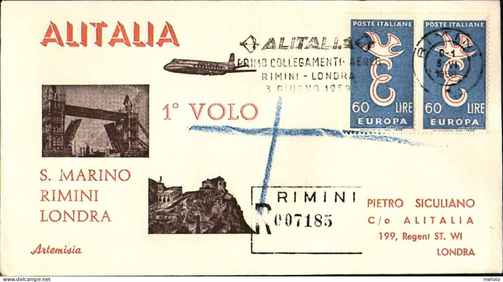 1959-raccomandata Affrancata Coppia L.60 Europa Con Bollo Alitalia I Collegament - Airmail