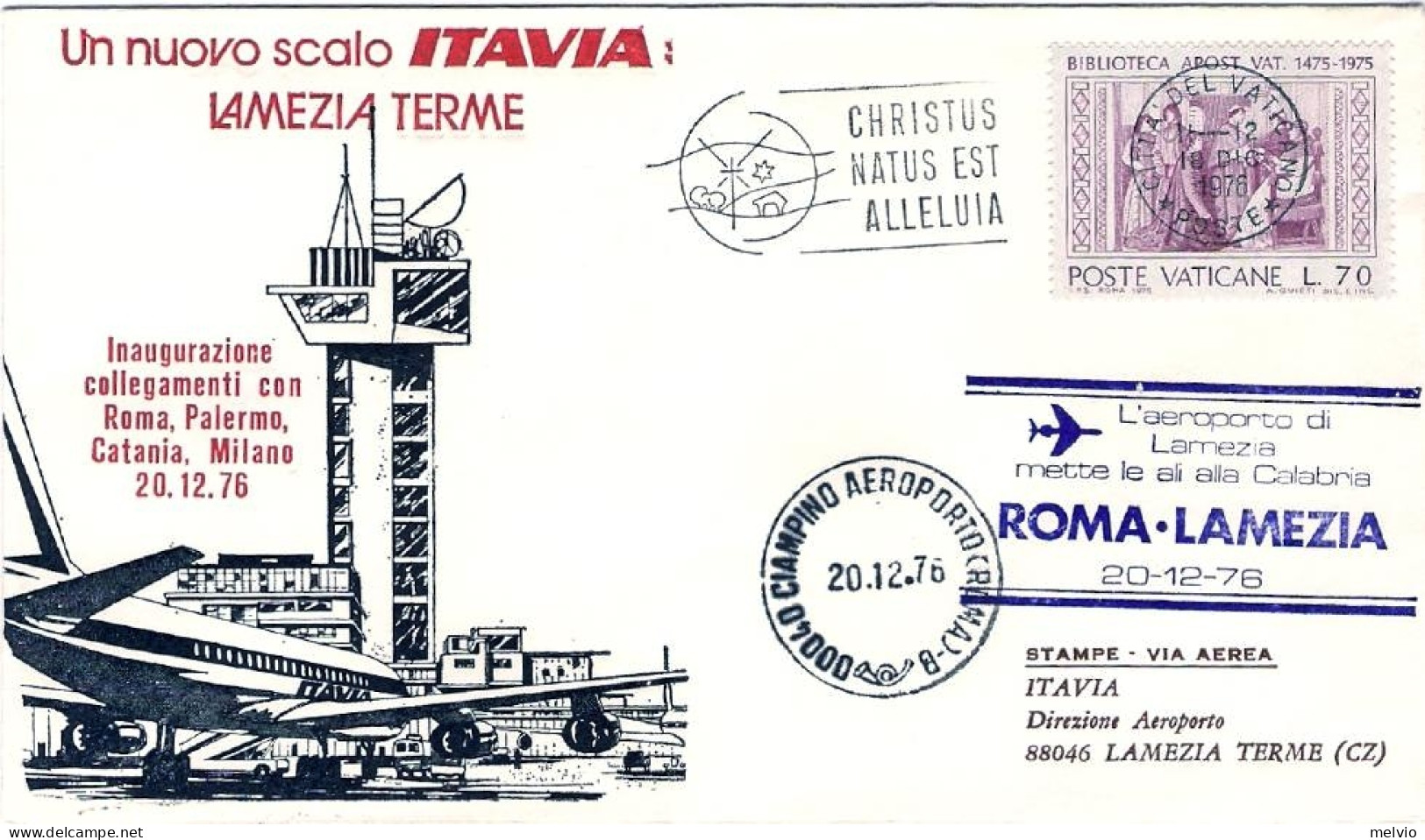 Vaticano-1976 Con Bollo L'aeroporto Di Lamezia Terme Mette Le Ali Alla Calabria  - Luftpost