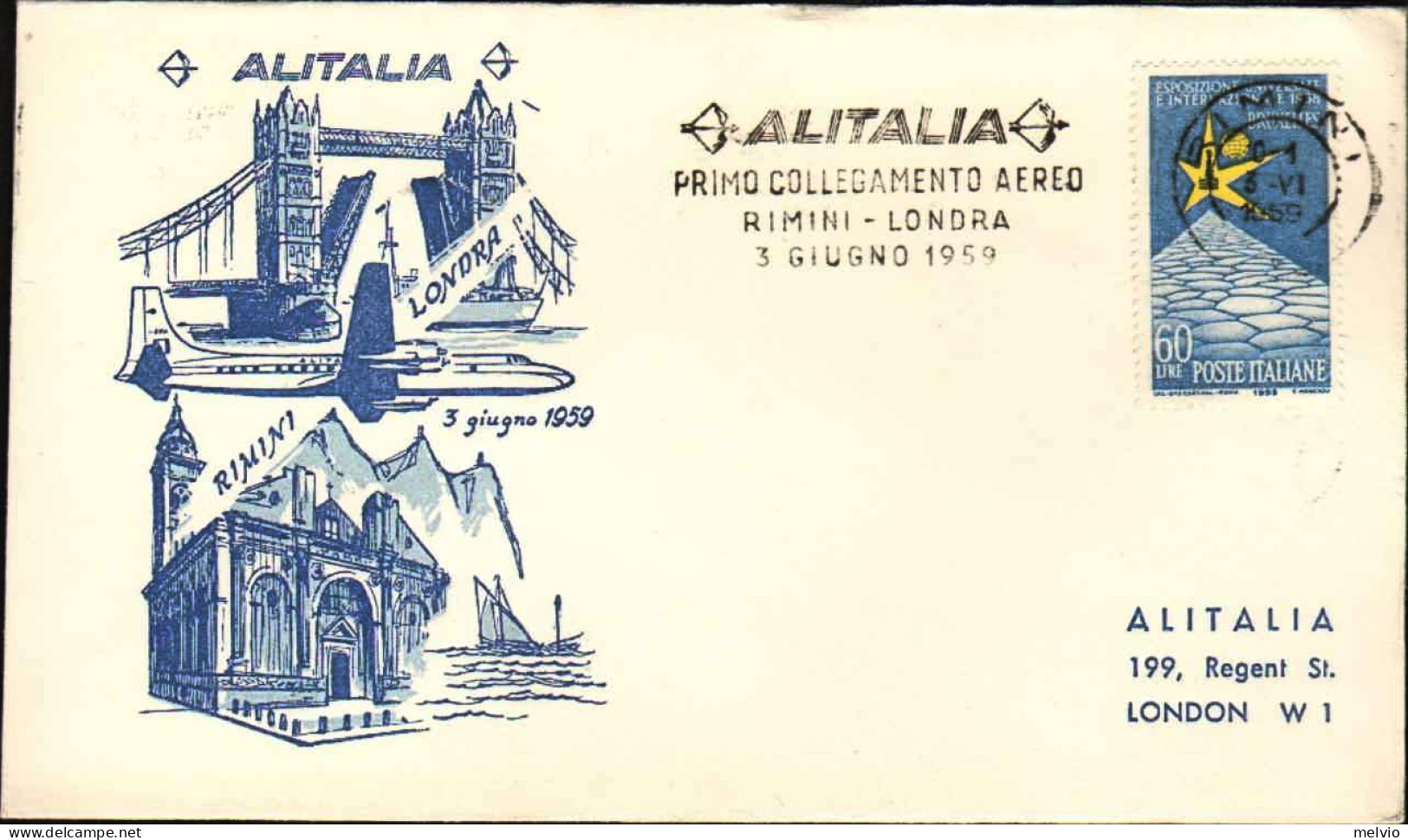 1959-affrancata L.60 Esposizione Universale Di Bruxelles,isolato,con Bollo Alita - Airmail