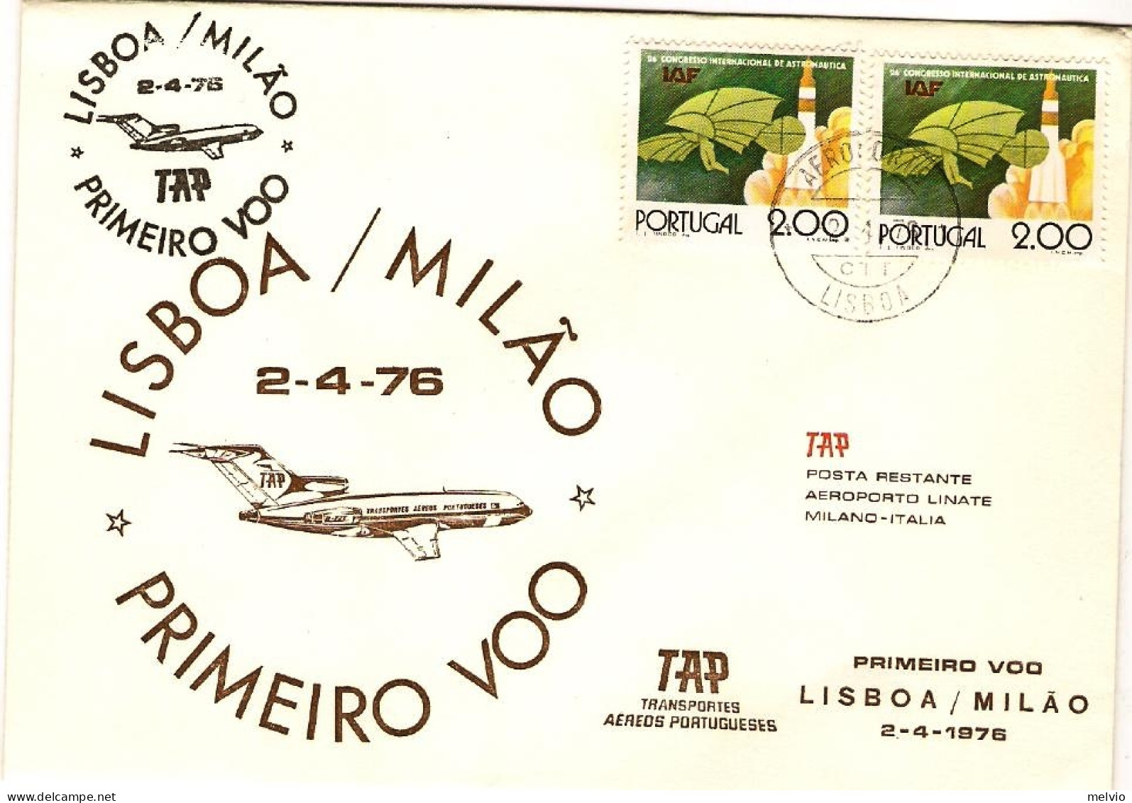 1976-Portogallo I^volo TAP Percorso Lisbona Milano Del 2 Aprile - Covers & Documents