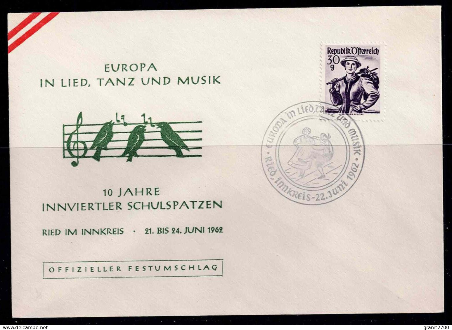Brief Mit Sonderstempel Europa In Lied , Tanz Und Musik - 10 Jahre Innviertler Schulspatzen - Ried Vom 22.6.1962 - Briefe U. Dokumente