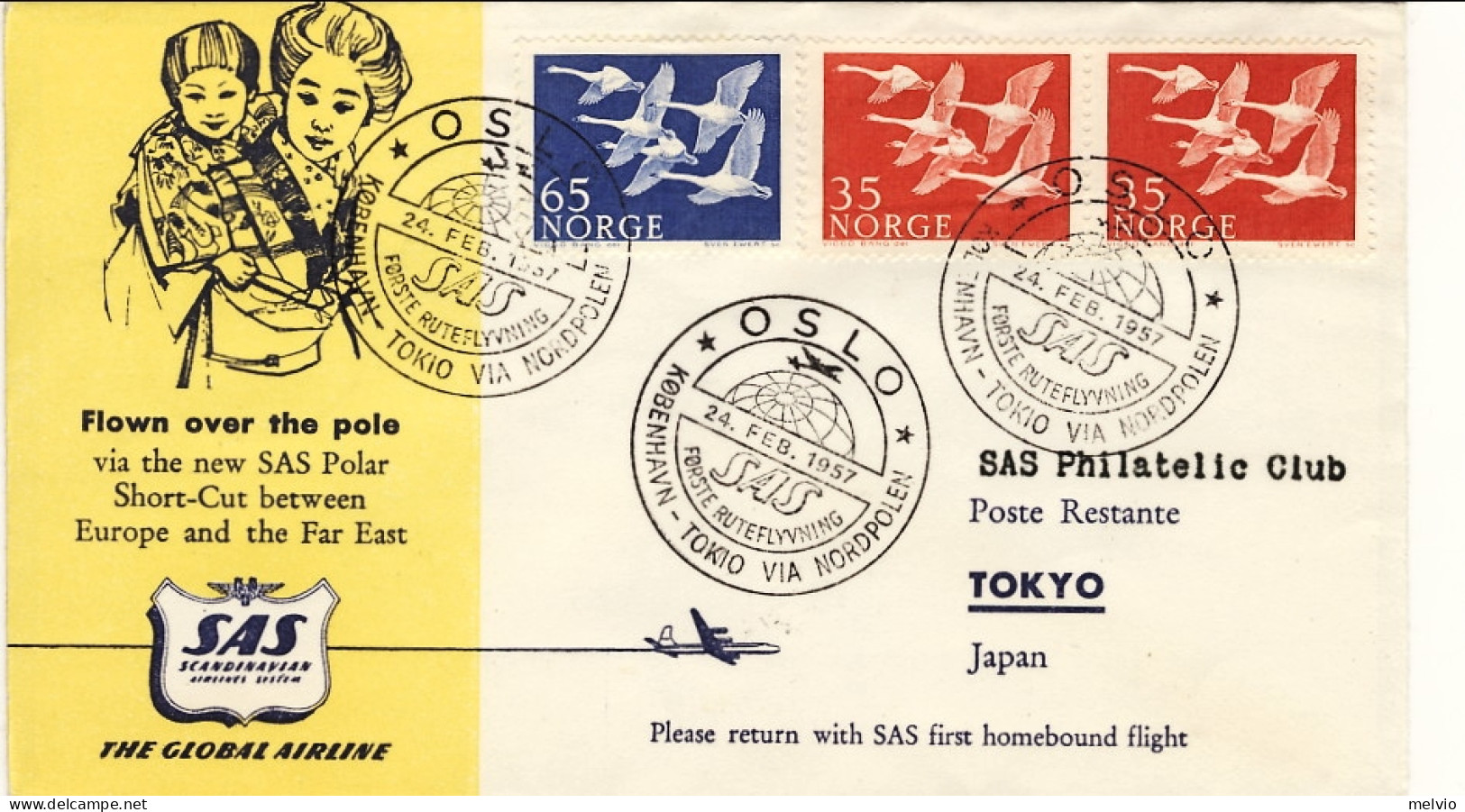 1957-Norvegia I^volo SAS Oslo Tokyo Attraverso Il Polo Nord - Storia Postale