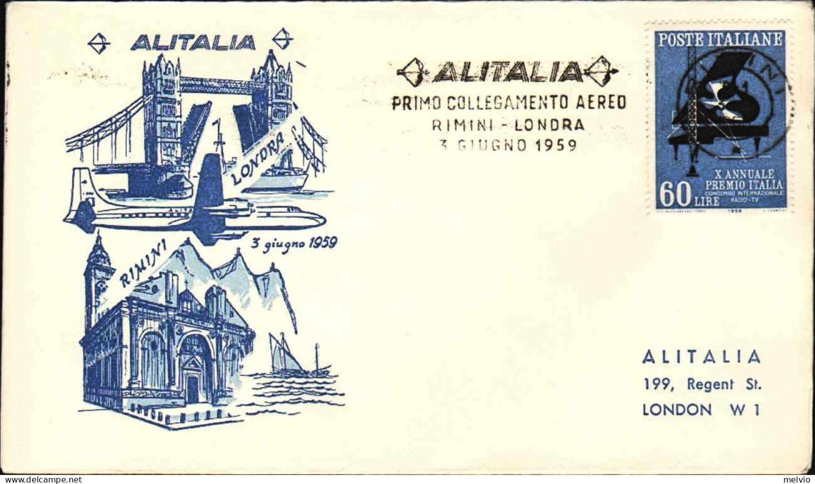 1959-affrancata L.60 Concorso Internazionale Radio-tv,isolato,con Bollo Alitalia - Poste Aérienne
