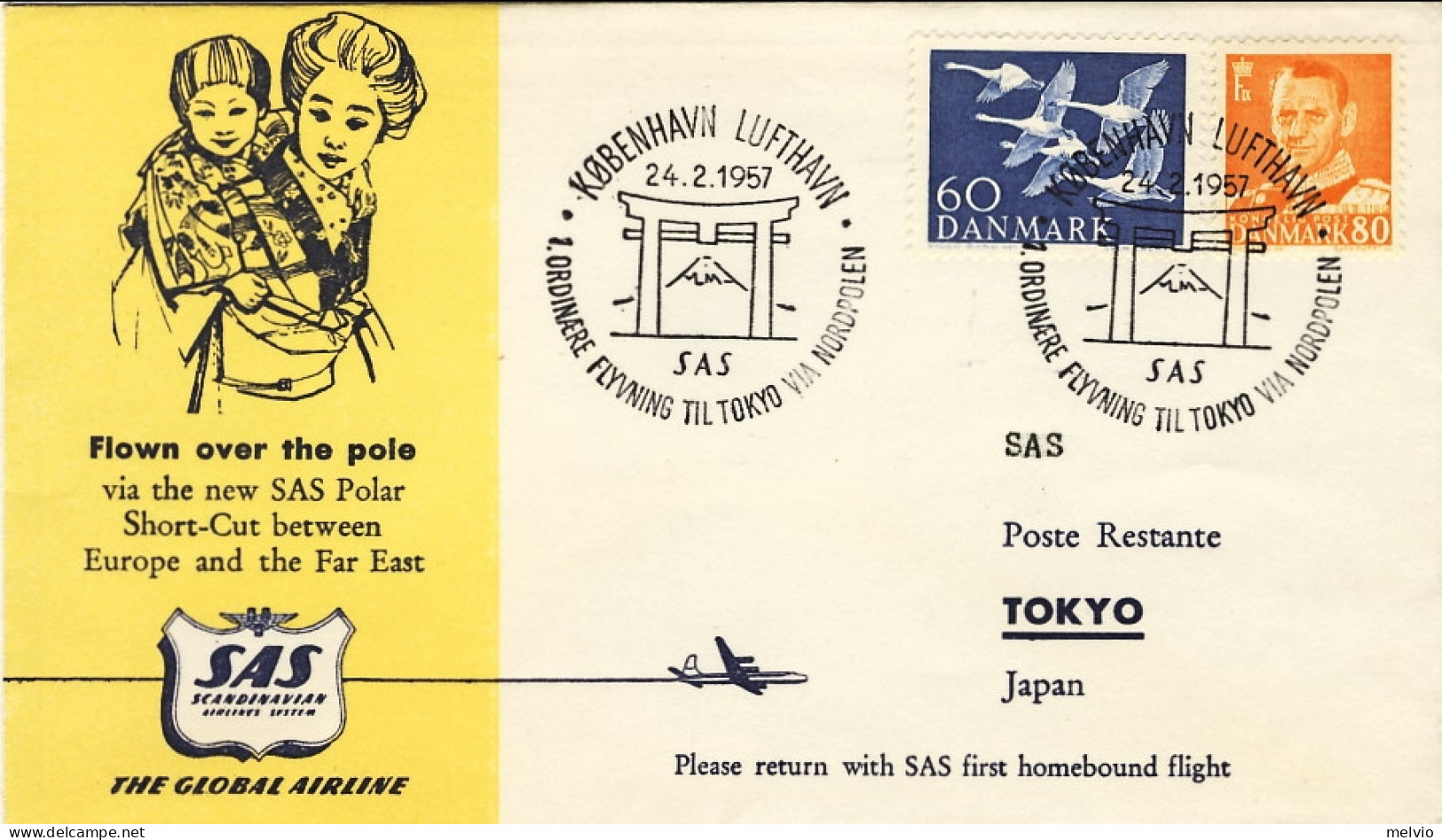 1957-Danimarca I^volo SAS Copenaghen Tokyo Attraverso Il Polo Nord - Luftpost
