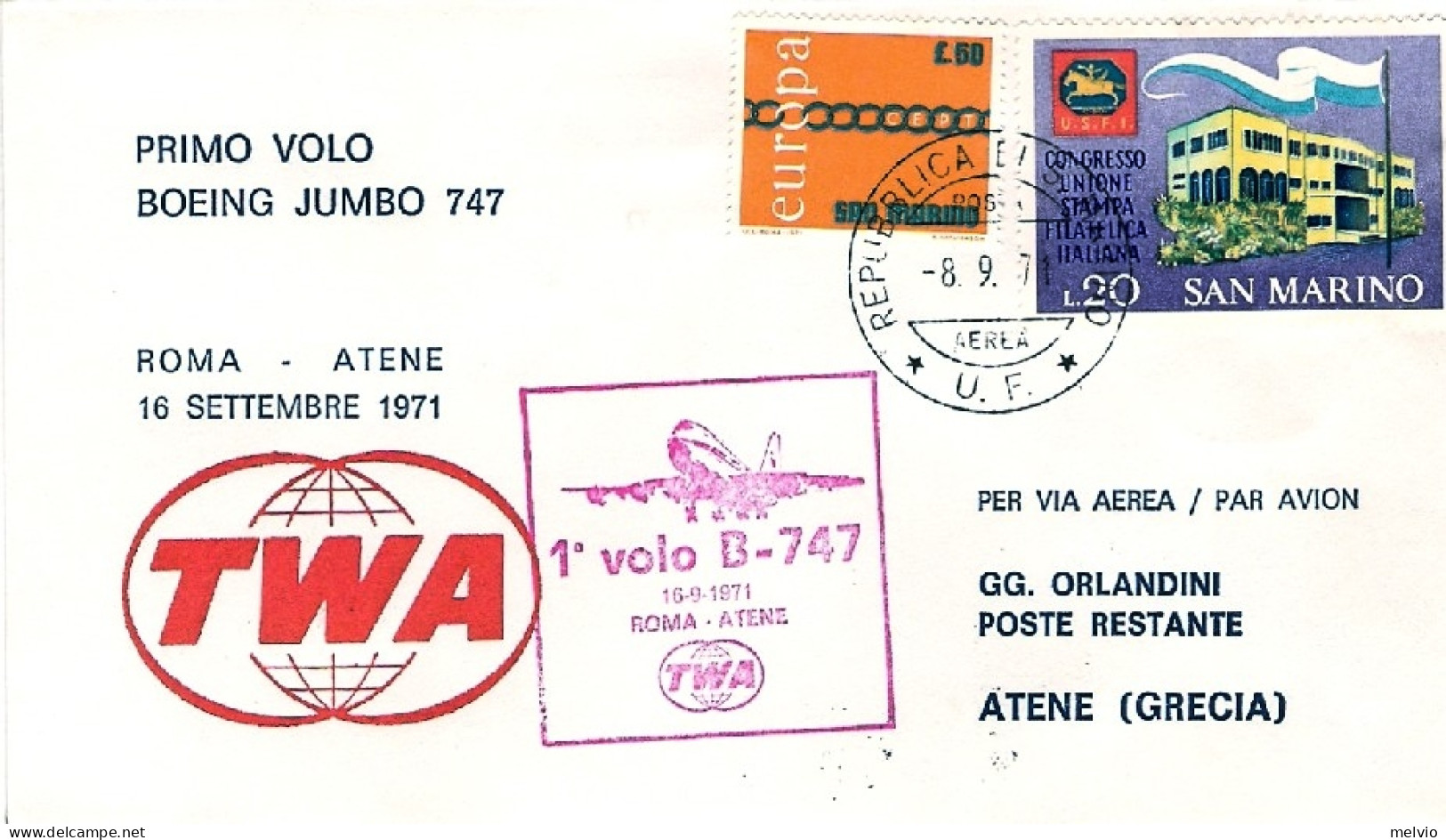1971-San Marino Della TWA I^volo Boeing 747 Roma-Atene Del 16 Settembre - Poste Aérienne