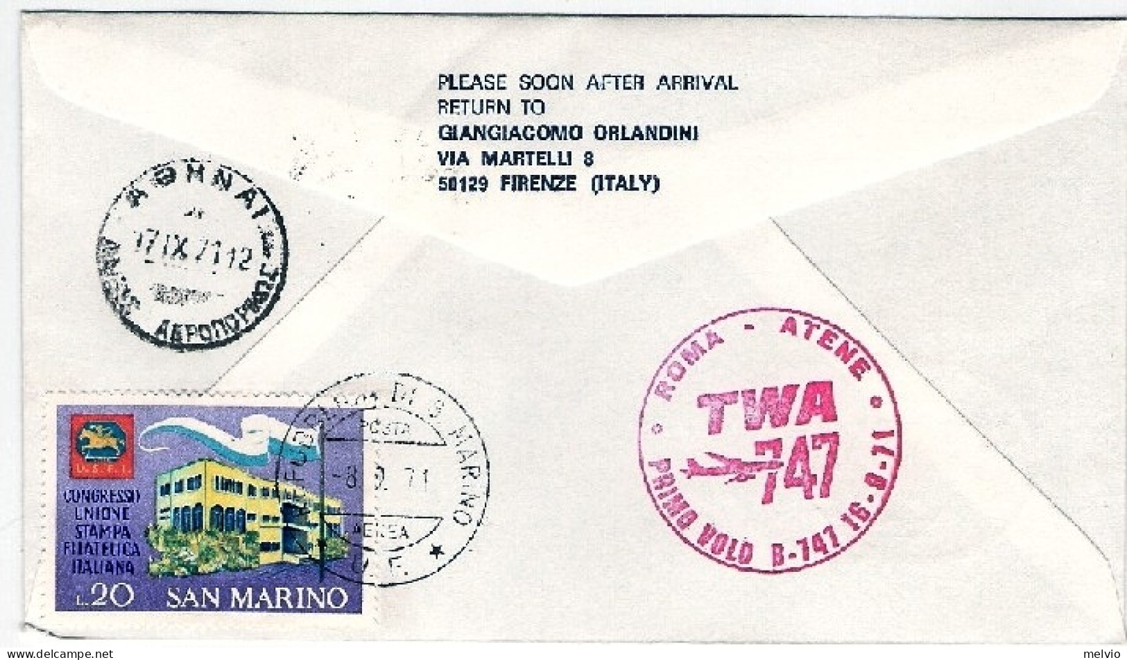 1971-San Marino Della TWA I^volo Boeing 747 Roma-Atene Del 16 Settembre - Luchtpost
