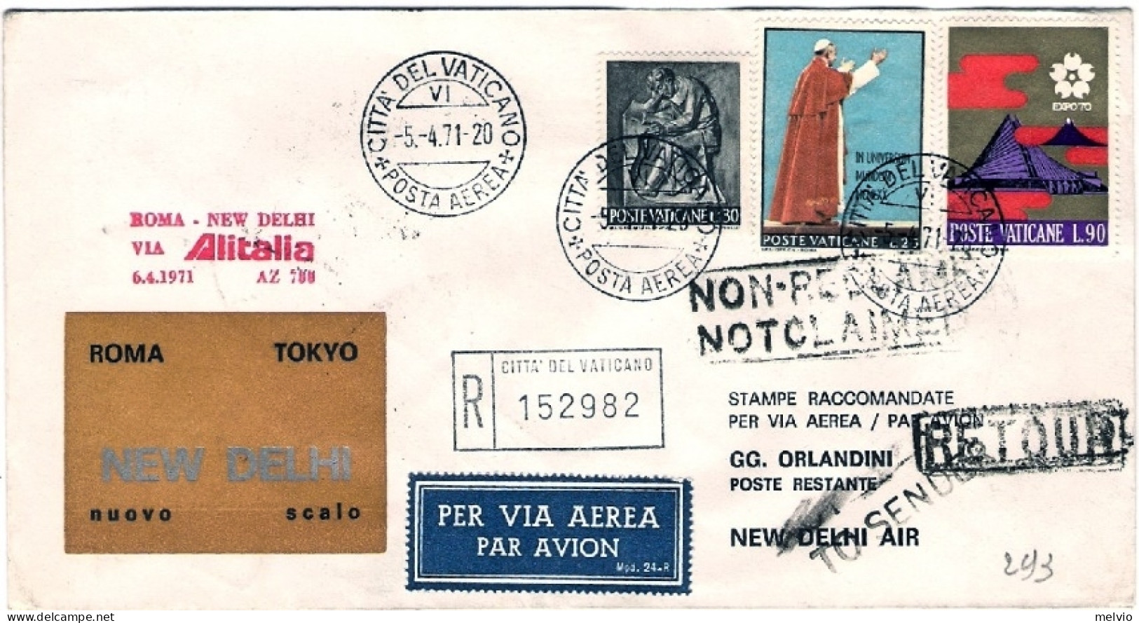 Vaticano-1971 Raccomandata I^volo Alitalia Roma New Delhi - Airmail