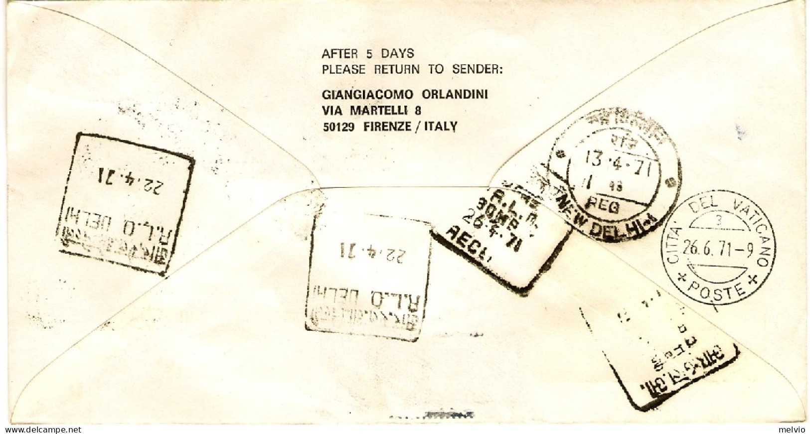 Vaticano-1971 Raccomandata I^volo Alitalia Roma New Delhi - Airmail