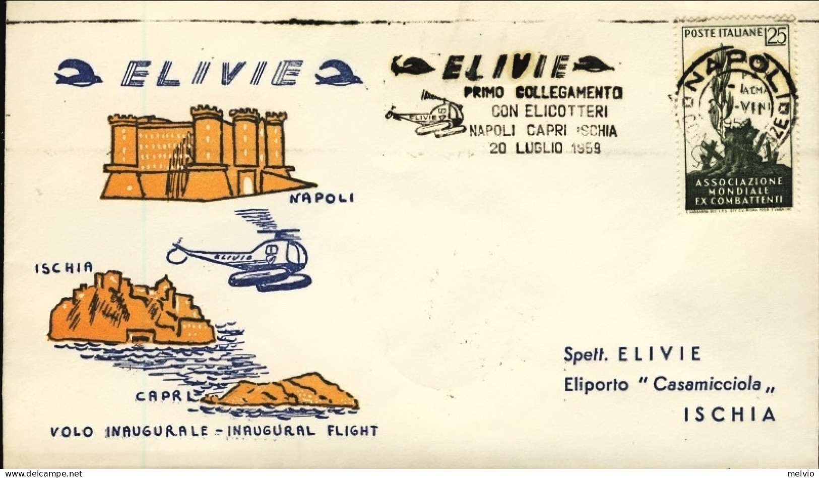 1959-Elivie I Collegamento Con Elicotteri Napoli Ischia (Casamicciola) Su Aerogr - Poste Aérienne