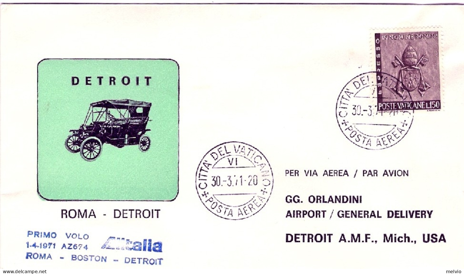 Vaticano-1971  I^volo Alitalia Roma Detroit - Airmail