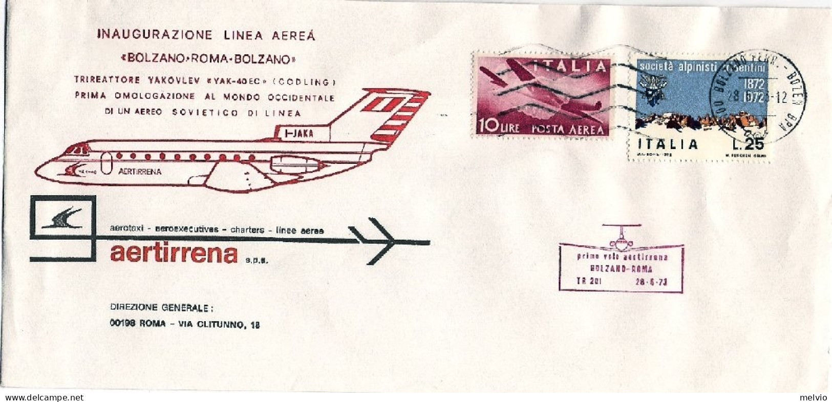 1973-inaugurazione Linea Aerea Roma Bolzano Con Aereo Sovietico Di Linea YAK-40  - Airmail