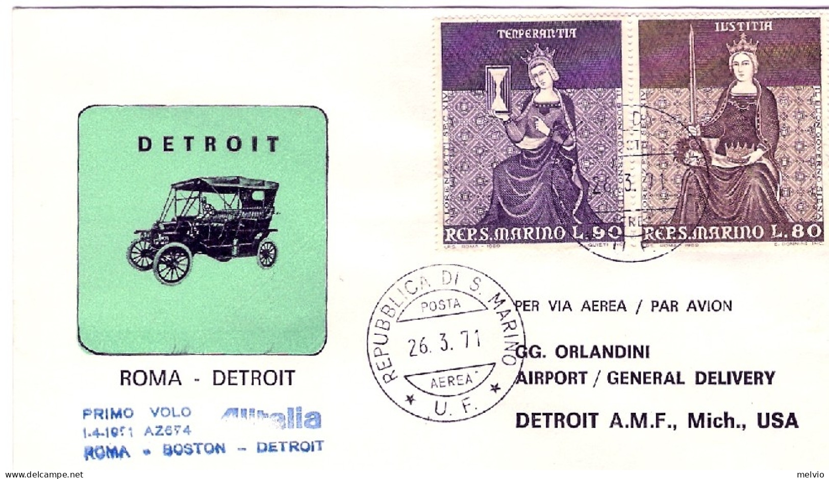 San Marino-1971 I^volo Alitalia Roma Detroit - Luchtpost