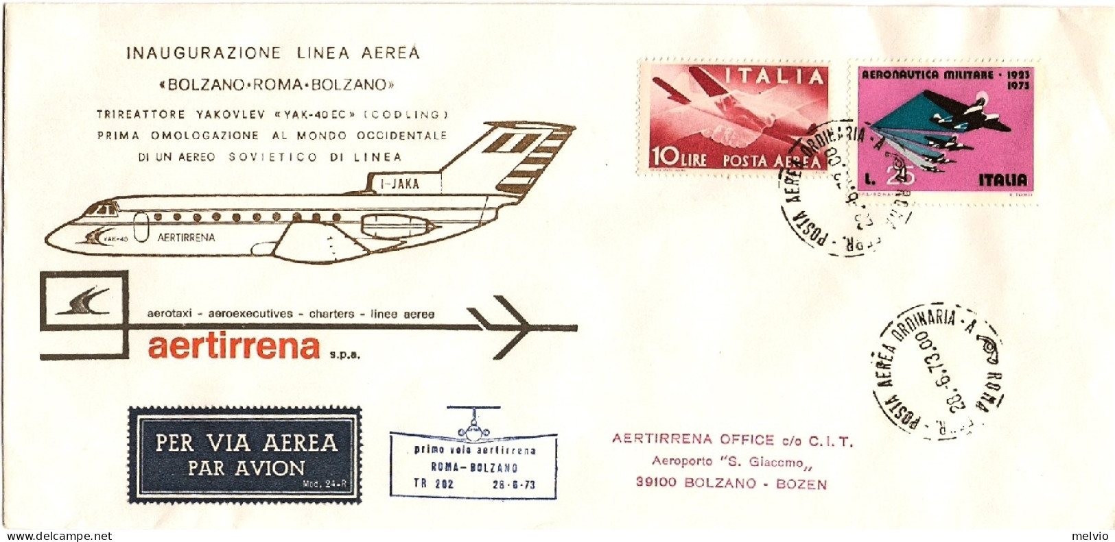 1973-inaugurazione Linea Aerea Bolzano Roma Con Aereo Sovietico Di Linea YAK-40  - Luftpost