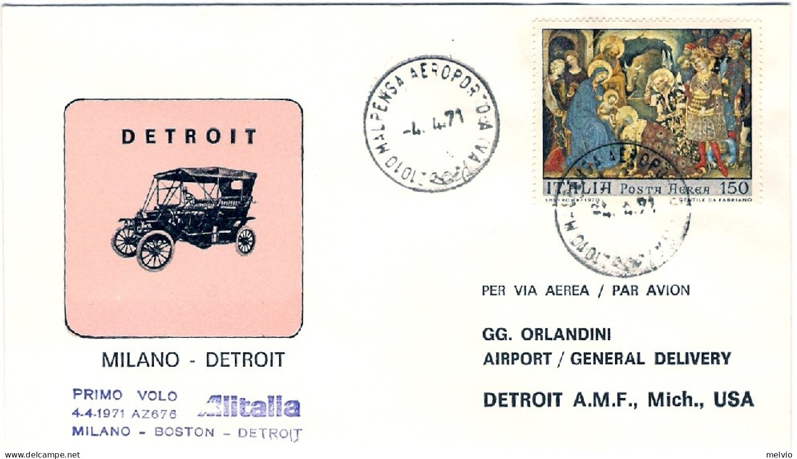 1971-I^volo Alitalia Milano Detroit Affrancata Posta Aerea L.150 Natale Isolato  - Airmail