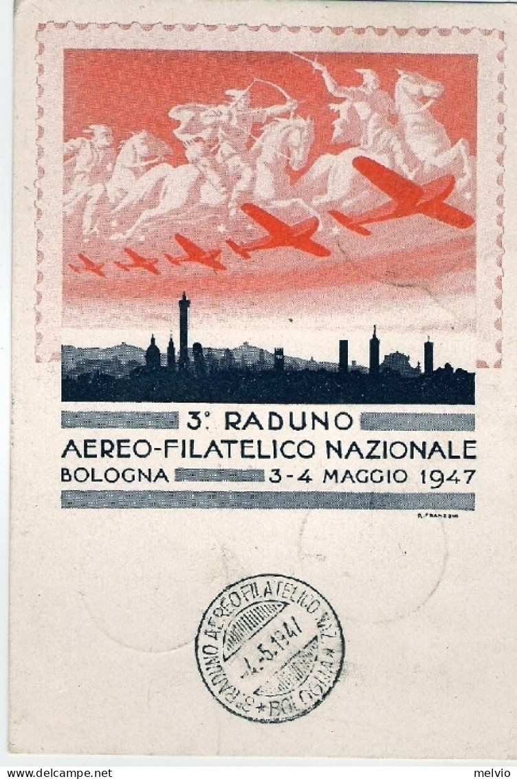 1947-cartolina Illustrata In Rosso III^raduno Aereo Filatelico Nazionale Bologna - Manifestations