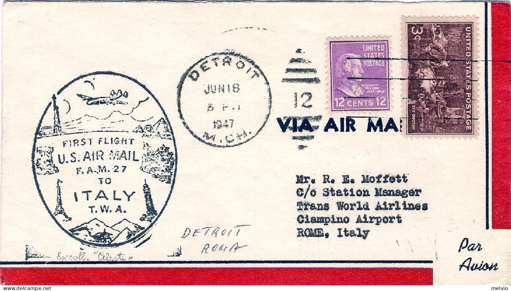 1947-U.S.A. Con Bollo Illustrato I^volo TWA To Italy Tratta Detroit-Roma Del 16  - 2c. 1941-1960 Briefe U. Dokumente