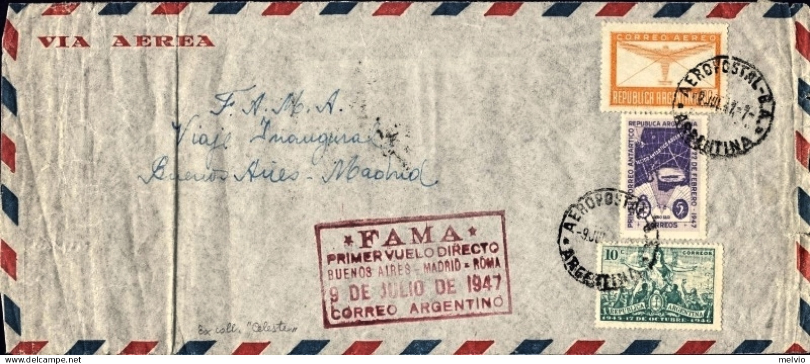 1947-Argentina Cat.Pellegrini Euro 300, I^volo Diretto Buenos Aires-Madrid-Roma  - Airmail
