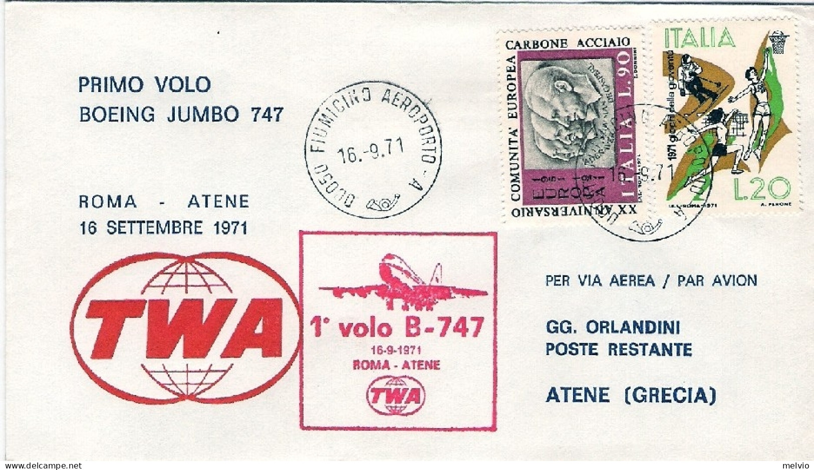 1971-della TWA I^volo Boeing 747 Roma-Atene - Luchtpost