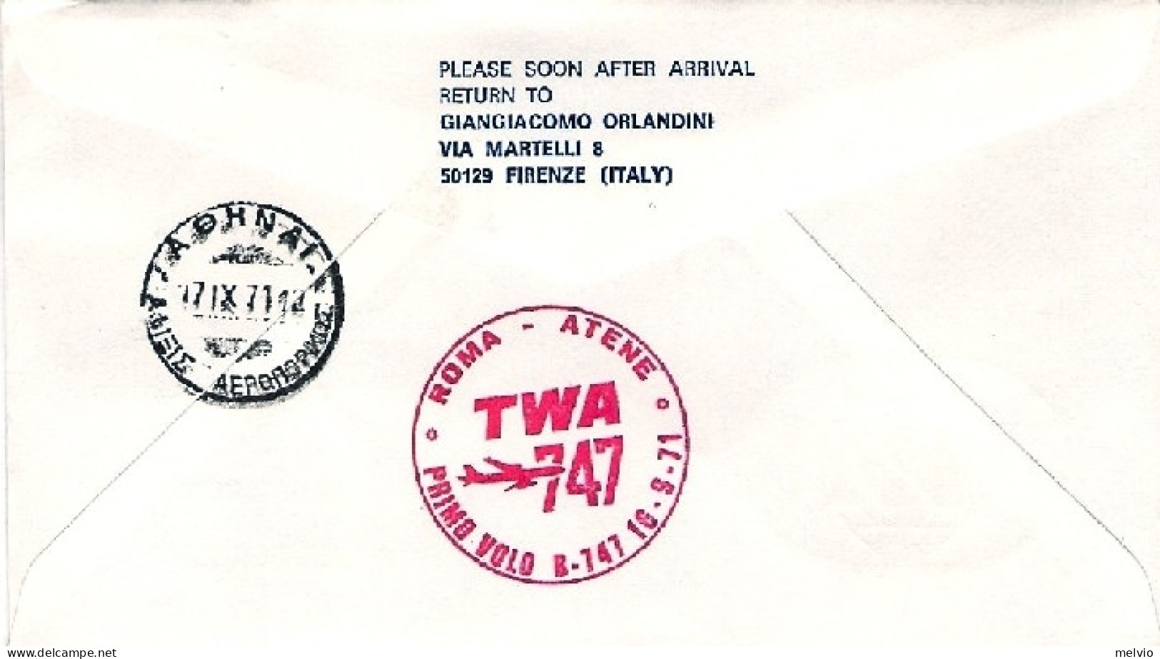 1971-della TWA I^volo Boeing 747 Roma-Atene - Poste Aérienne