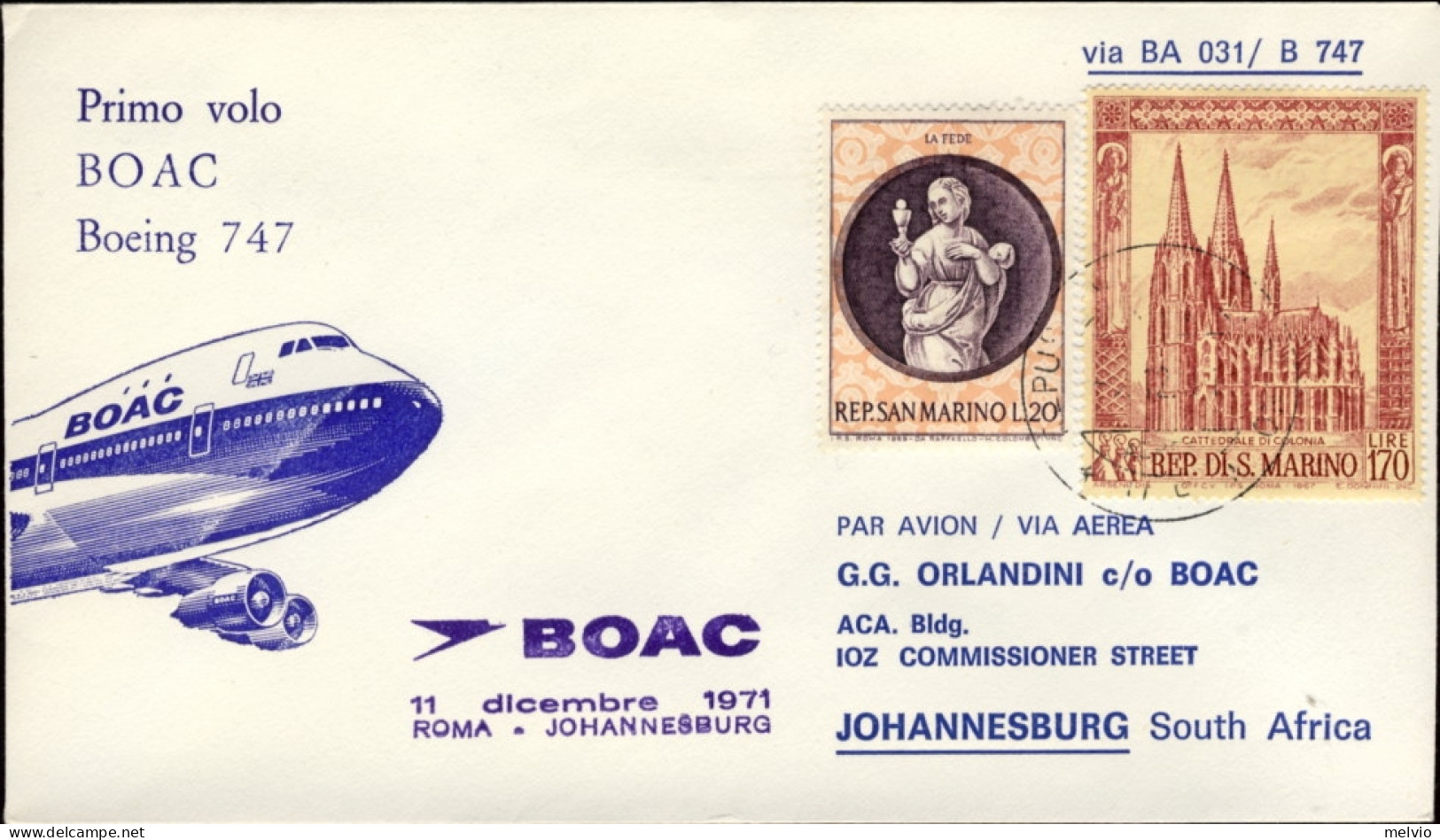 1971-San Marino Della Boac I^volo Boeing 747 Roma-Johannesburg - Posta Aerea