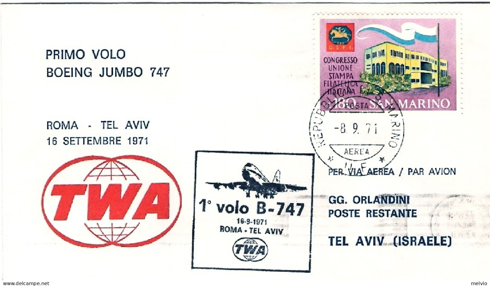1971-San Marino Della TWA I^volo Boeing 747 Roma-Tel Aviv Del 16 Settembre - Posta Aerea
