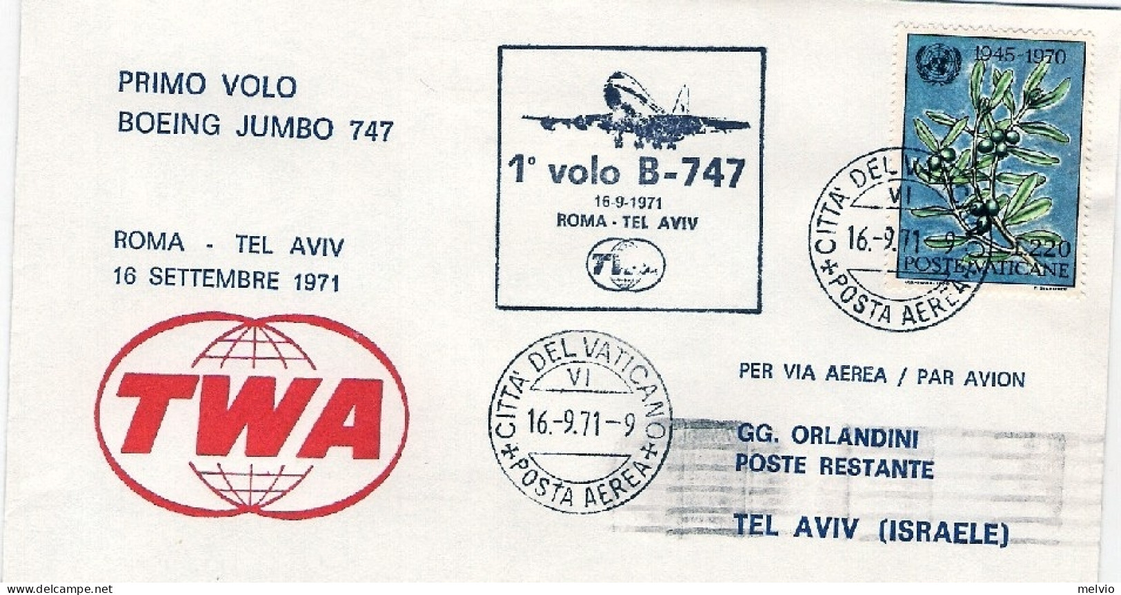 Vaticano-1971  Della TWA I^volo Boeing 747 Roma-Tel Aviv Del 16 Settembre - Poste Aérienne