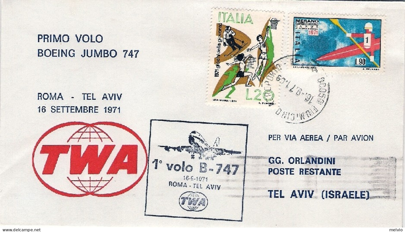 1971-della TWA I^volo Boeing 747 Roma-Tel Aviv Del 16 Settembre - Poste Aérienne