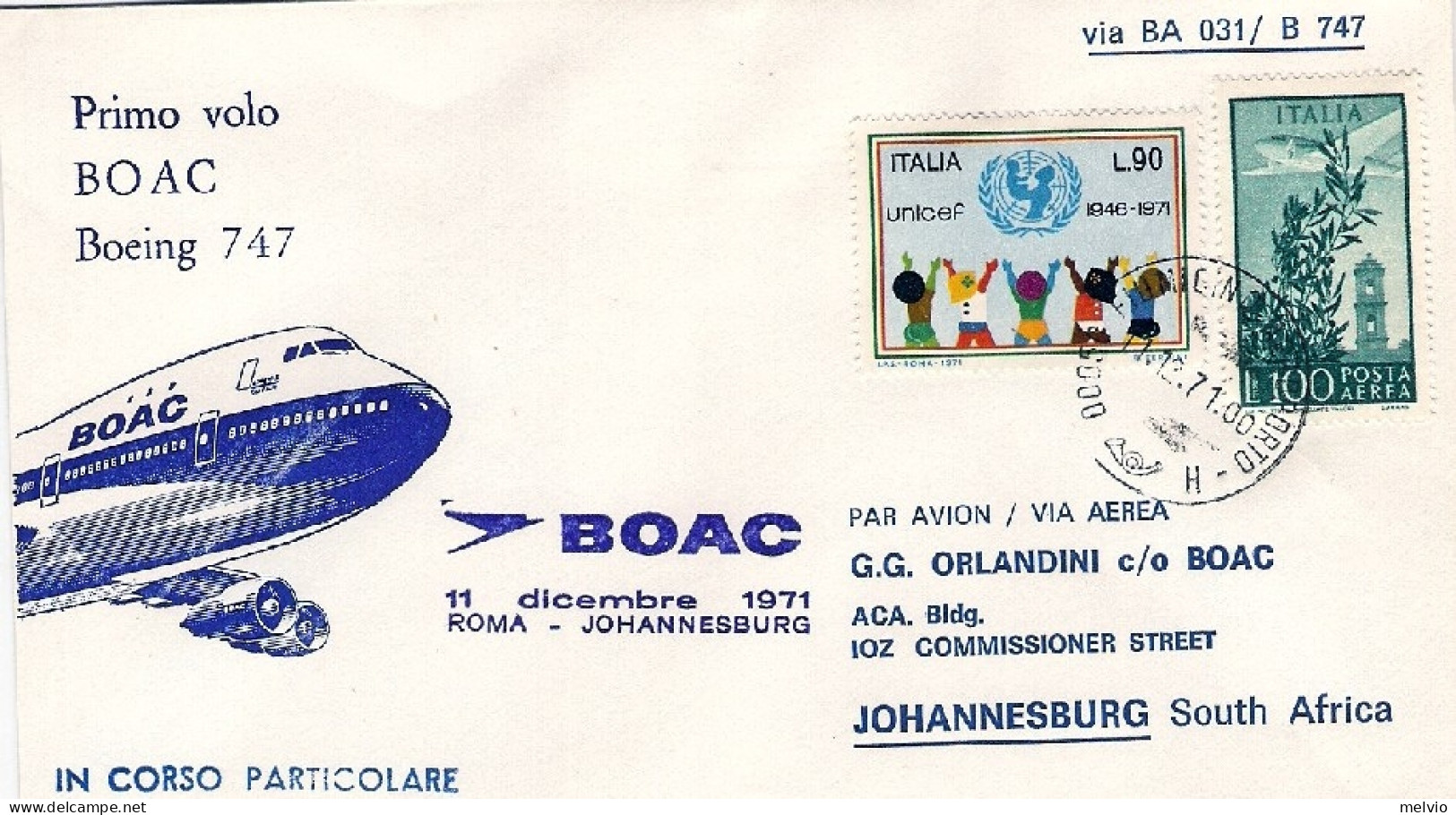 1971-della Boac I^volo Boeing 747 Roma-Johannesburg - Luchtpost