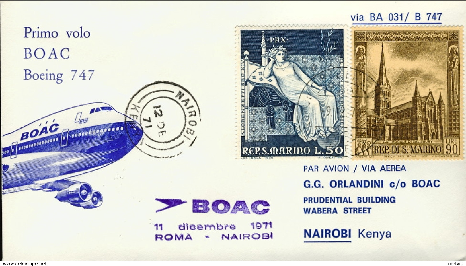 1971-San Marino Della Boac I^volo Boeing 747 Roma-Nairobi - Airmail