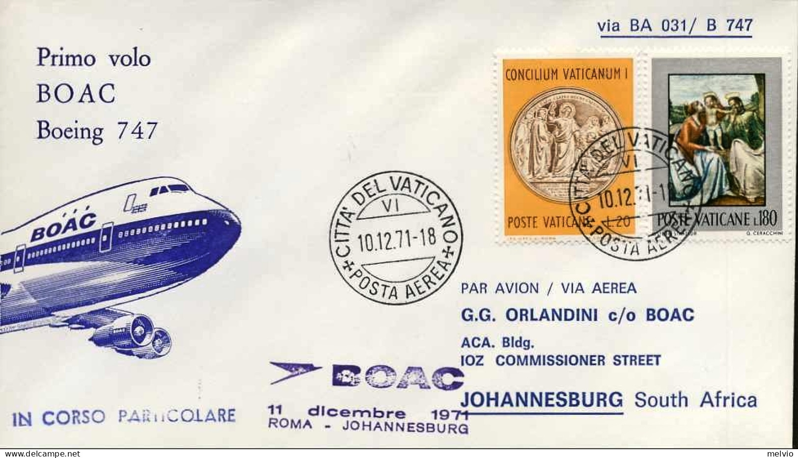 Vaticano-1971  Della Boac I^volo Boeing 747 Roma-Johannesburg - Poste Aérienne