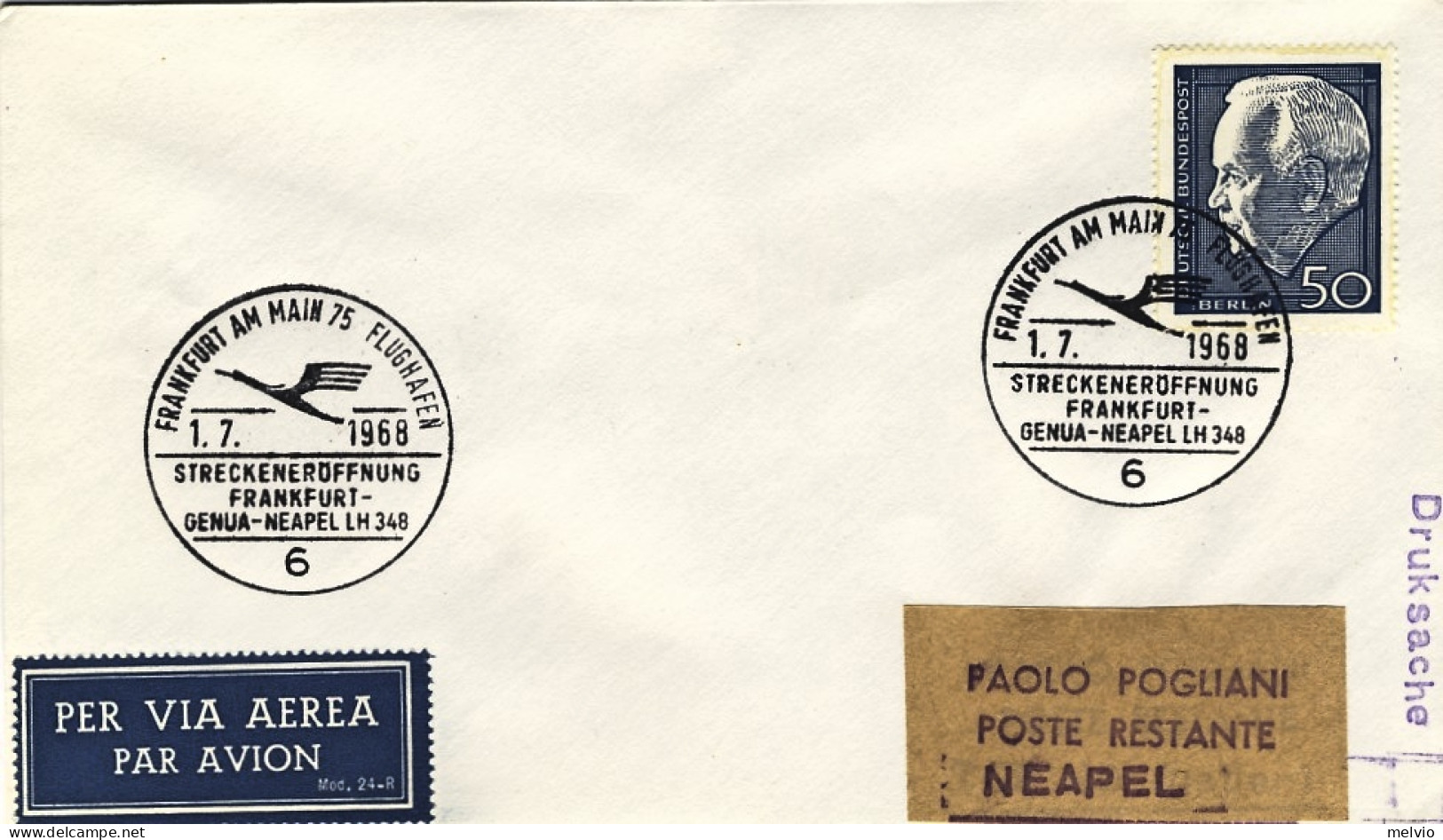 1968-Germania Berlino I^volo Lufthansa Francoforte-Napoli Del 1 Luglio,posta Da  - Storia Postale