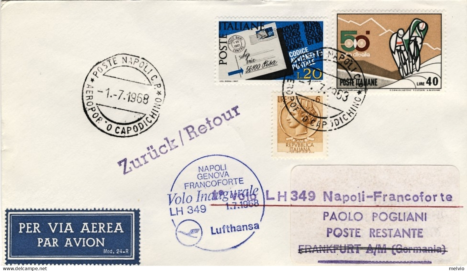 1968-I^volo Lufthansa LH 349 Napoli-Francoforte Del 1 Luglio - Airmail