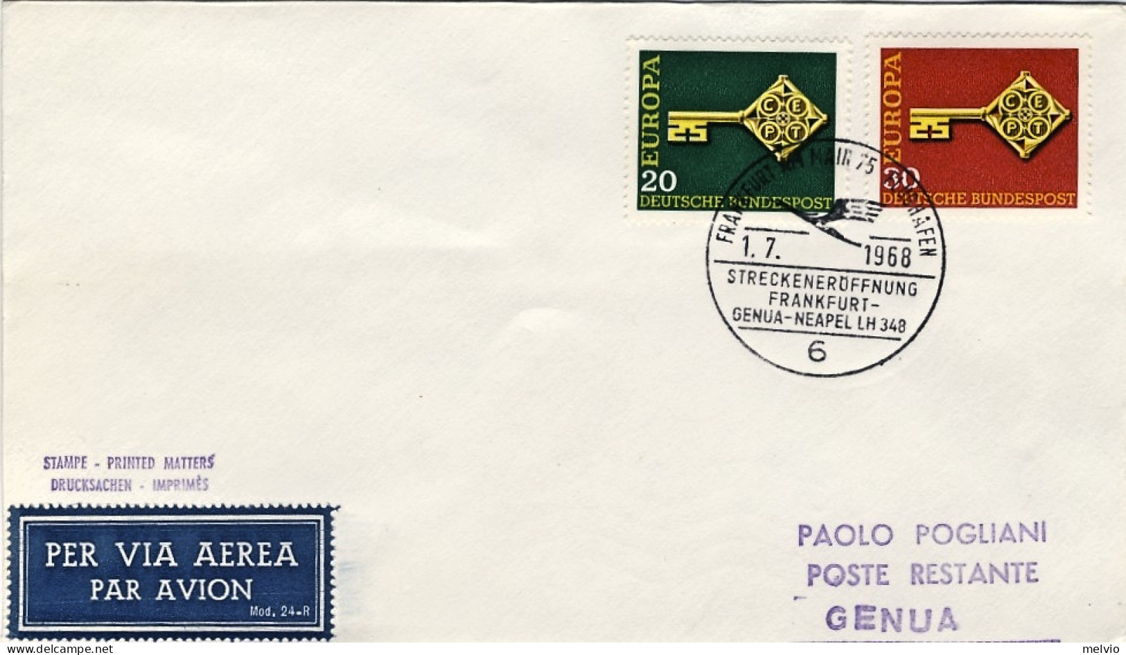1968-Germania I^volo Lufthansa LH 348 Francoforte-Genova Del 1 Luglio - Brieven En Documenten