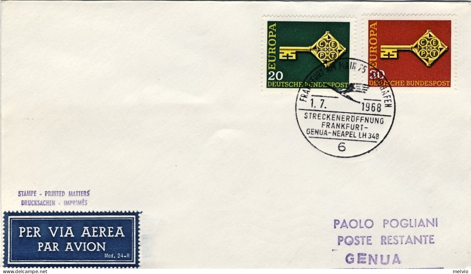 1968-Germania I^volo Lufthansa LH 348 Francoforte-Genova Del 1 Luglio - Lettres & Documents