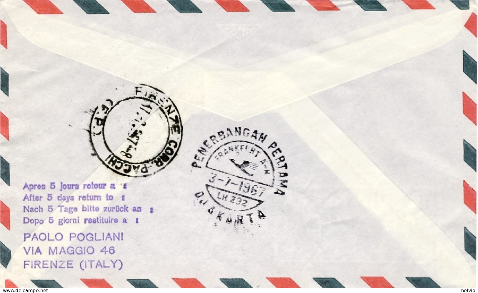 Vaticano-1967 I^volo Lufthansa LH 692 Francoforte-Djakarta Del 2 Luglio - Airmail