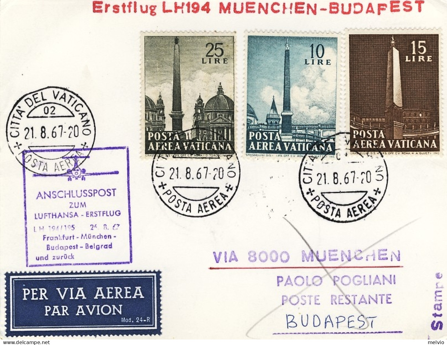 Vaticano-1967 I^volo Lufthansa LH194 Monaco-Budapest - Poste Aérienne