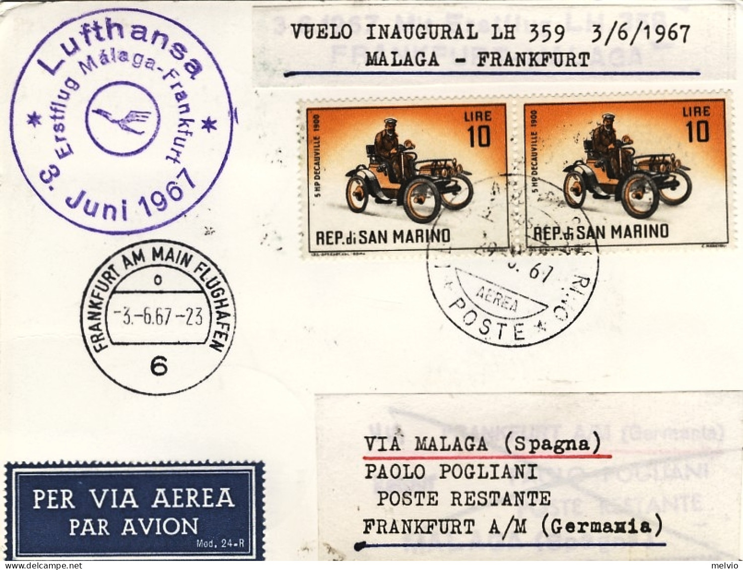 San Marino-1967 I^volo Lufthansa Malaga (Spagna) Francoforte - Airmail