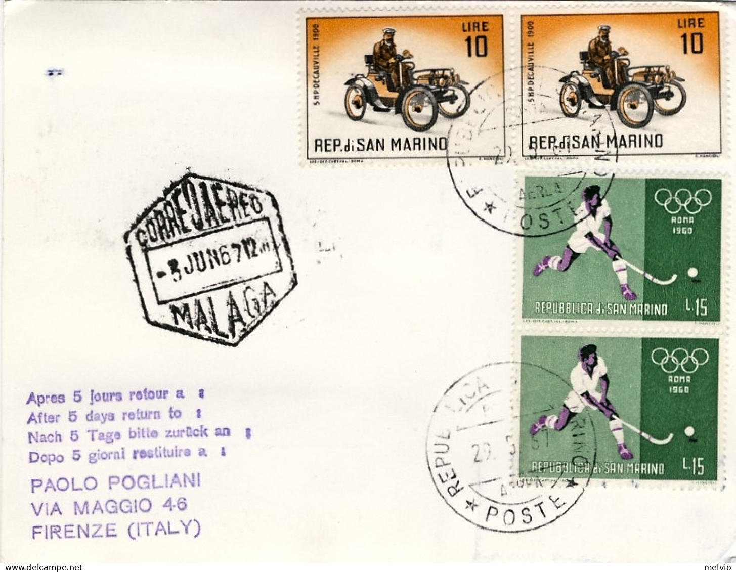 San Marino-1967 I^volo Lufthansa Malaga (Spagna) Francoforte - Airmail