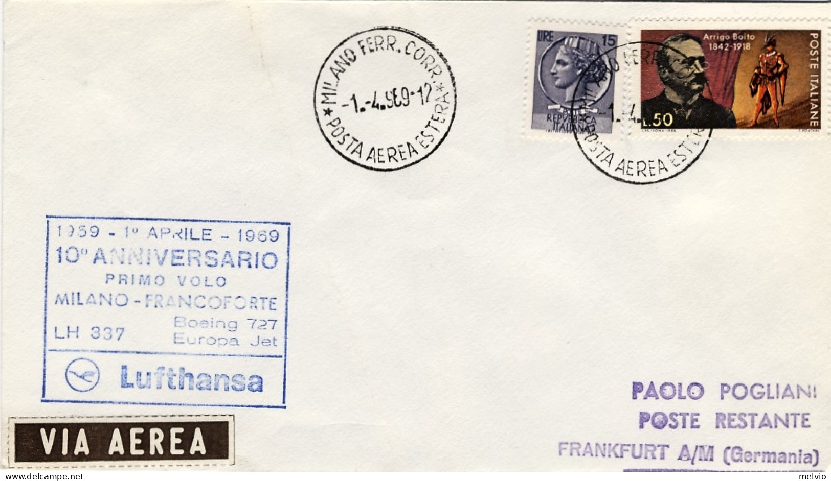 1969-10 Anniversario I^volo Lufthansa LH 337 Milano-Francoforte - Airmail